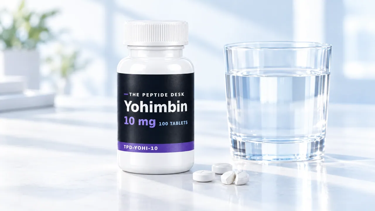 White tablet bottle with a black TPD label for Yohimbin, a glass of water and a few white tablets beside it, one of them split
