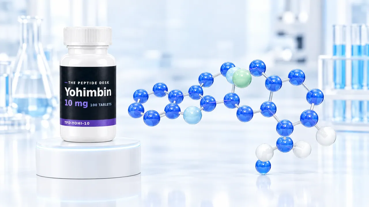 White tablet bottle with a black TPD label for Yohimbin on a white podium, next to it a molecule model of several rings of blue and white glass spheres in a bright lab