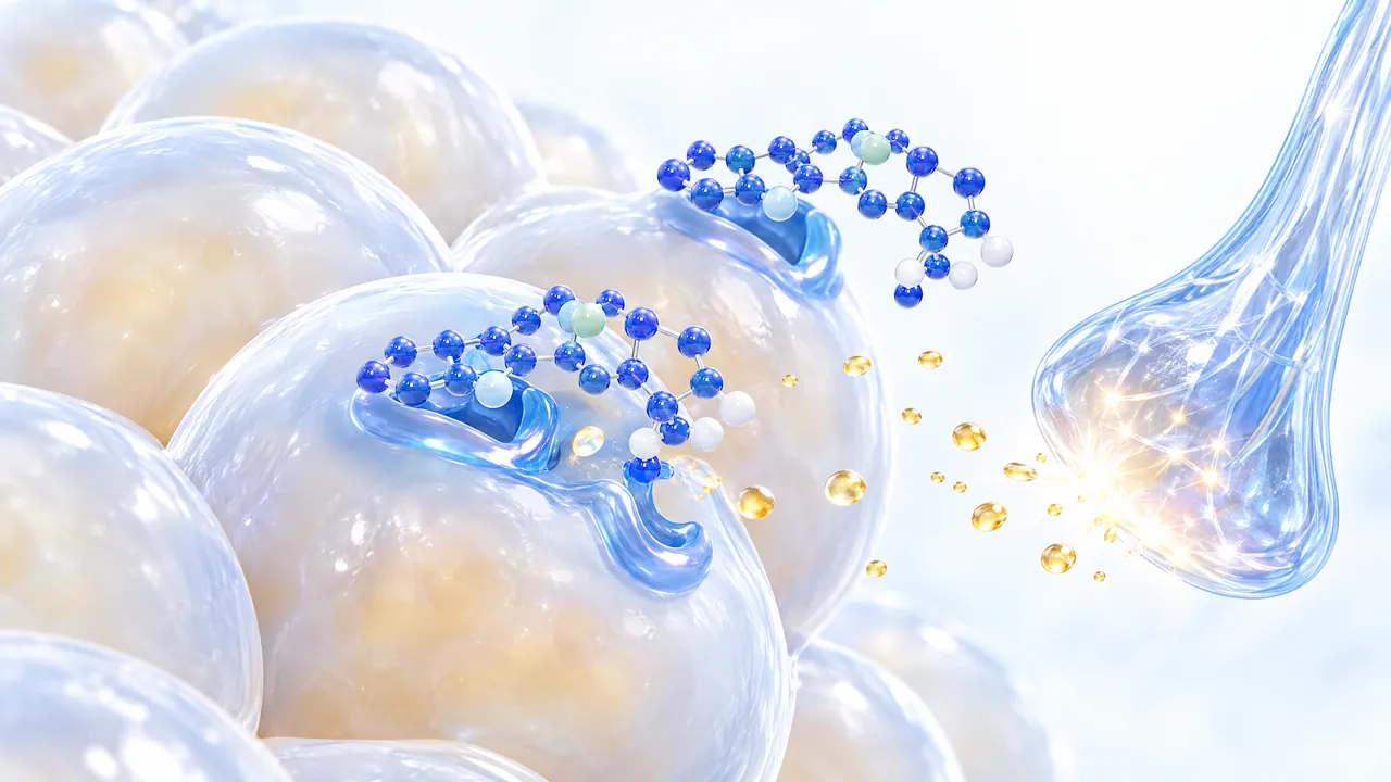 Glass fat cells with docking sites holding blue molecules, golden droplets coming out, a sparkling glass nerve ending on the right