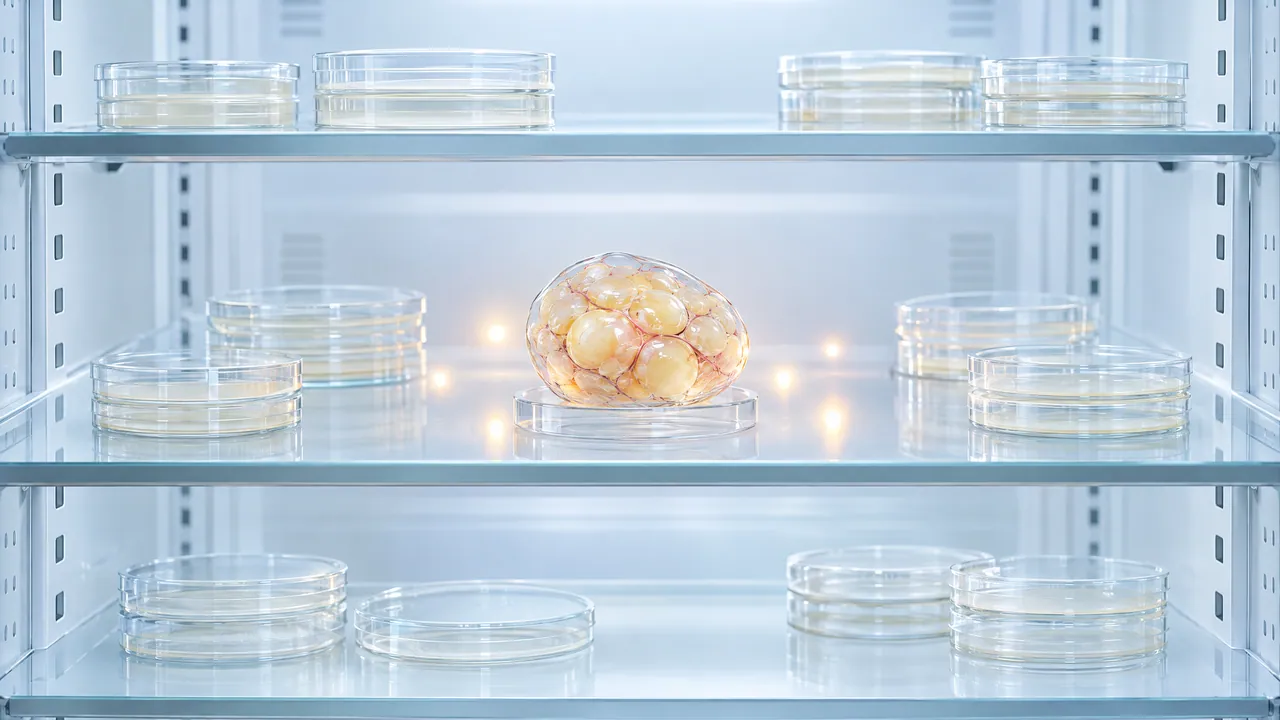 Fridge shelves with petri dishes, in the middle a glass piece of fat tissue with warm points of light around it