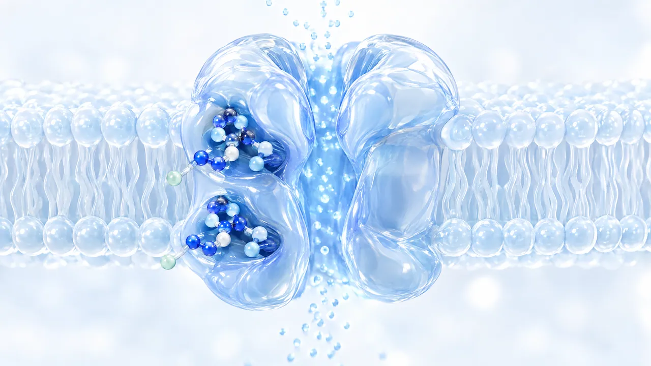 Glass ion channel in a light blue cell membrane, blue molecules sit in side pockets, small glowing particles flow through the middle