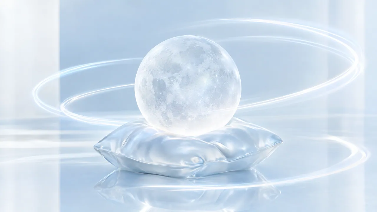 Frosted glass moon on a silvery shining pillow, surrounded by soft arcs of light in pale blue